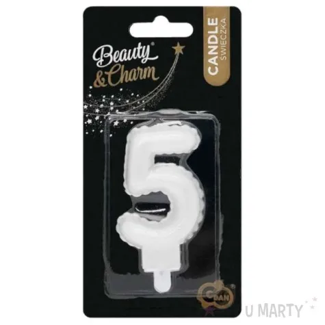 swieczka na tort cyfra 5 wypustki biala perlowa godan 7 cm