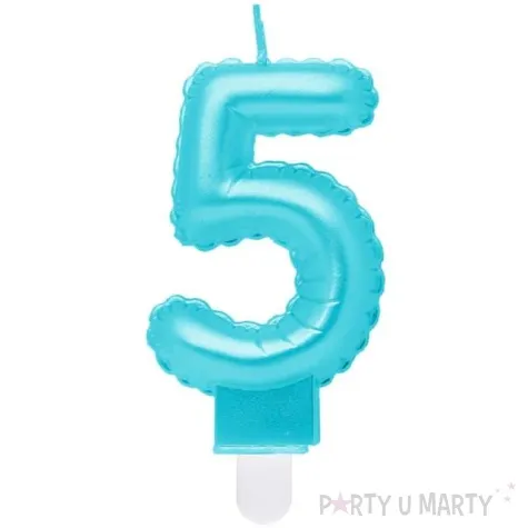 swieczka na tort cyfra 5 wypustki niebieska jasna perlowa godan 7 cm