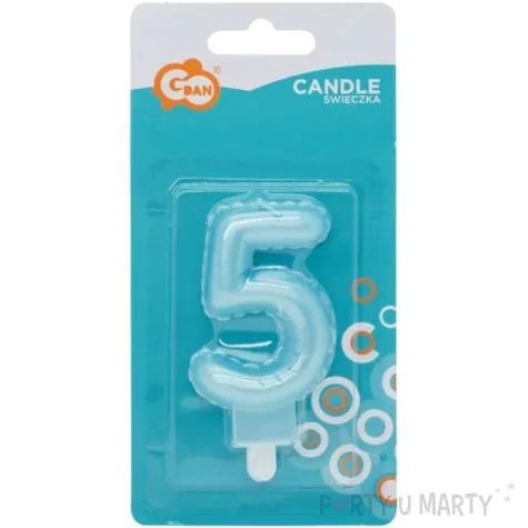 swieczka na tort cyfra 5 wypustki niebieska jasna perlowa godan 7 cm