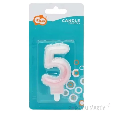 swieczka na tort cyfra 5 wypustki ombre bialo rozowa perlowa godan 7 cm