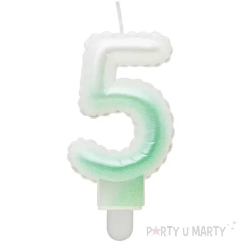 swieczka na tort cyfra 5 wypustki ombre bialo zielona perlowa godan 7 cm