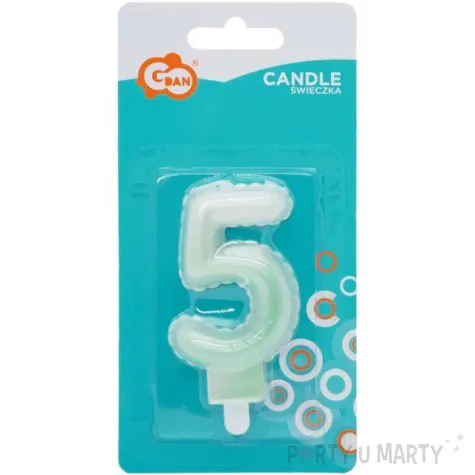 swieczka na tort cyfra 5 wypustki ombre bialo zielona perlowa godan 7 cm