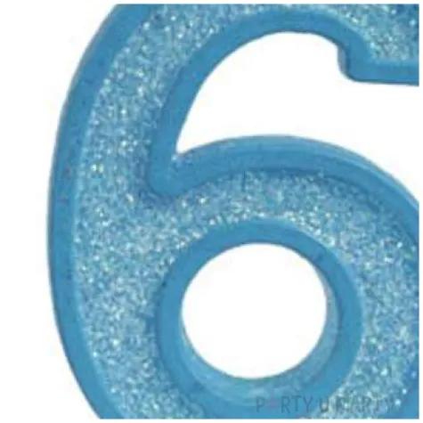 swieczka na tort cyfra 6 brokat niebieska guirca 4 cm