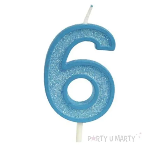 swieczka na tort cyfra 6 brokat niebieska guirca 4 cm