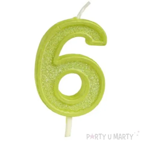swieczka na tort cyfra 6 brokat zielona guirca 4 cm