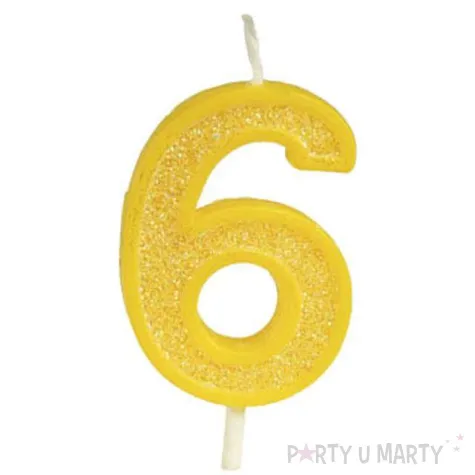 swieczka na tort cyfra 6 brokat zolta guirca 4 cm