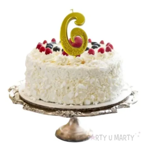 swieczka na tort cyfra 6 brokatowa zlota jix 12 cm