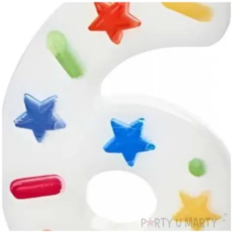 swieczka na tort cyfra 6 konfetti bialy partydeco 10 cm