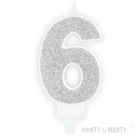 swieczka na tort cyfra 6 srebrna brokatowa partydeco 7 cm