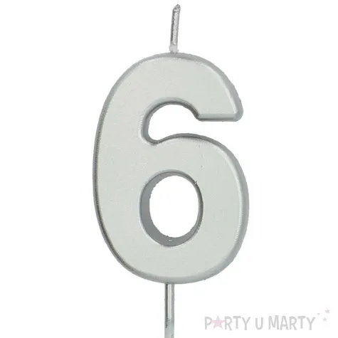 swieczka na tort cyfra 6 srebrna folat 8 cm