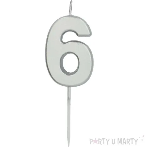 swieczka na tort cyfra 6 srebrna folat 8 cm