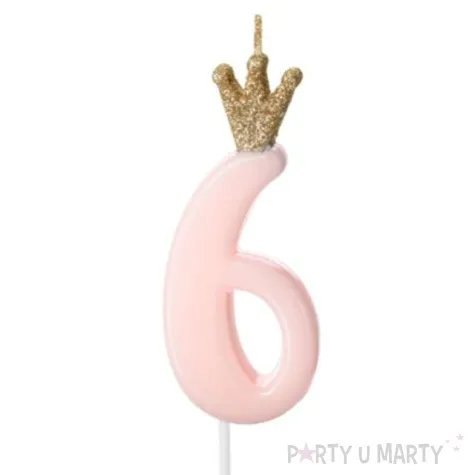 swieczka na tort cyfra 6 w koronie rozowa jasna partydeco 9 5 cm