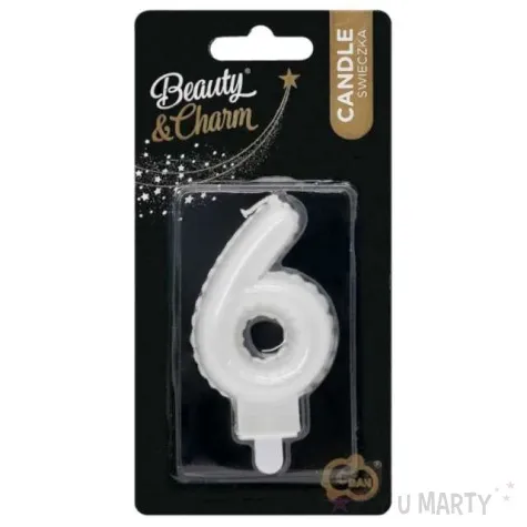 swieczka na tort cyfra 6 wypustki biala perlowa godan 7 cm