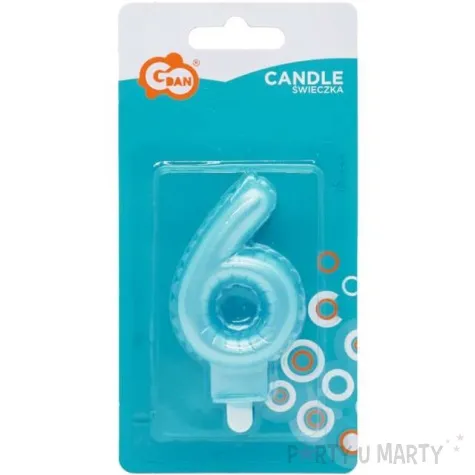 swieczka na tort cyfra 6 wypustki niebieska jasna perlowa godan 7 cm