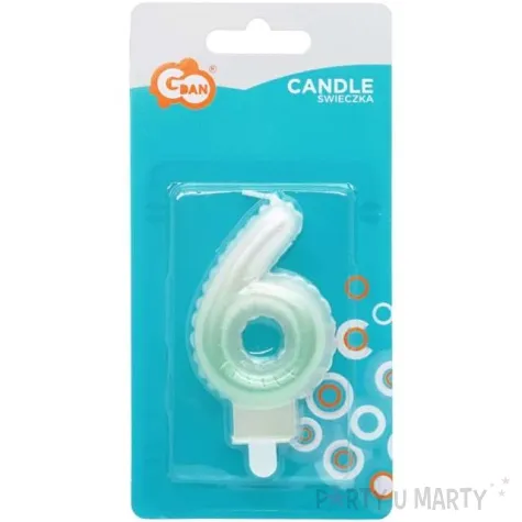 swieczka na tort cyfra 6 wypustki ombre bialo zielona perlowa godan 7 cm
