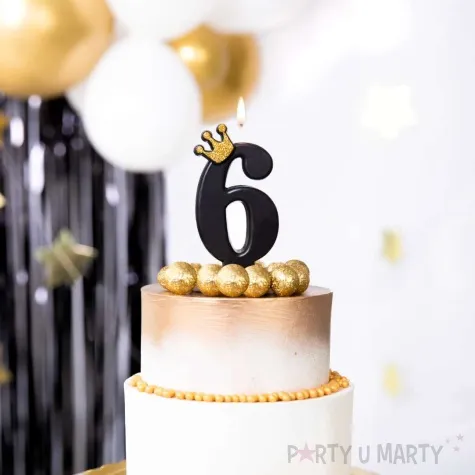 swieczka na tort cyfra 6 zlota korona czarny partypal 8 8 cm