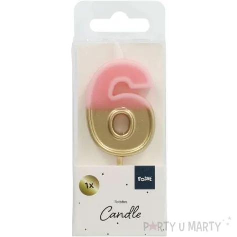 swieczka na tort cyfra 6 zloto rozowa folat 5 cm