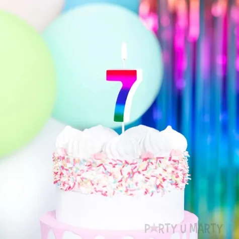 swieczka na tort cyfra 7 blyszczaca teczowy partypal 5 cm