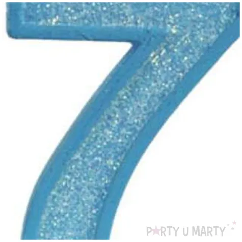 swieczka na tort cyfra 7 brokat niebieska guirca 4 cm