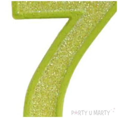 swieczka na tort cyfra 7 brokat zielona guirca 4 cm