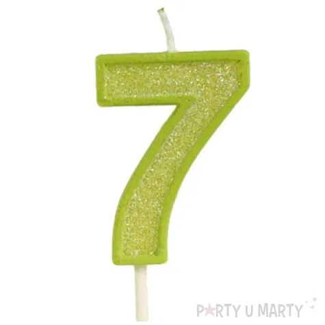 swieczka na tort cyfra 7 brokat zielona guirca 4 cm