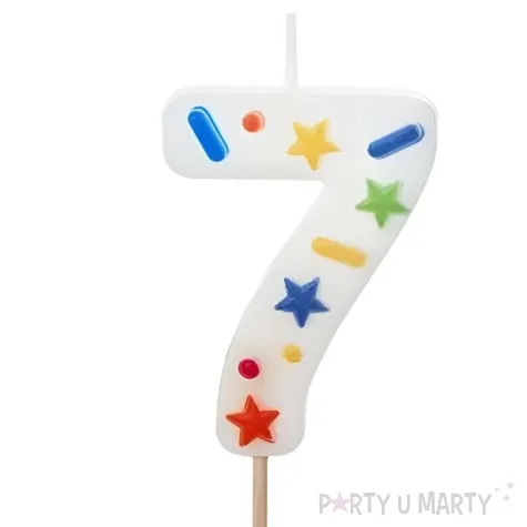 swieczka na tort cyfra 7 konfetti bialy partydeco 10 cm