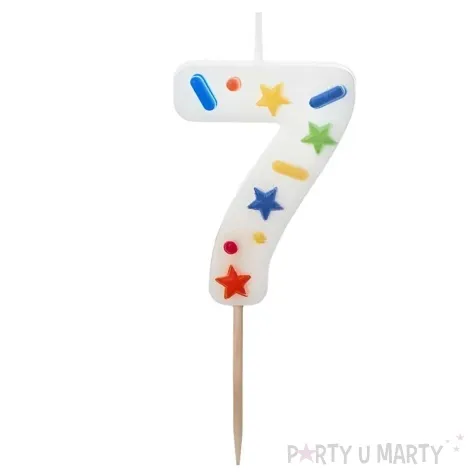 swieczka na tort cyfra 7 konfetti bialy partydeco 10 cm