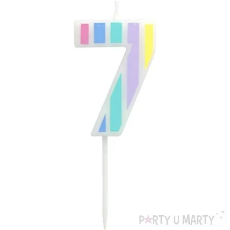 swieczka na tort cyfra 7 pastelowe paski mix folat 5 cm