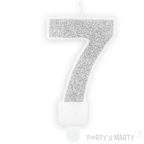 swieczka na tort cyfra 7 srebrna brokatowa partydeco 7 cm