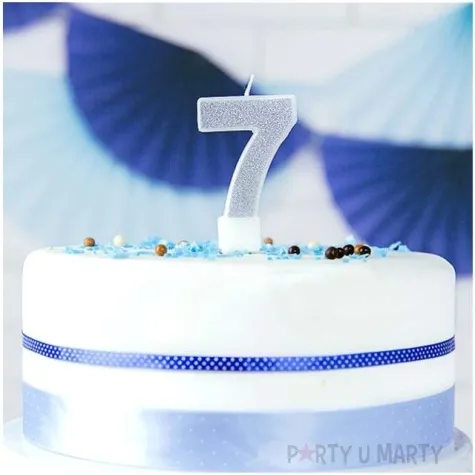 swieczka na tort cyfra 7 srebrna brokatowa partydeco 7 cm