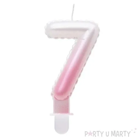 swieczka na tort cyfra 7 wypustki ombre bialo rozowa perlowa godan 7 cm