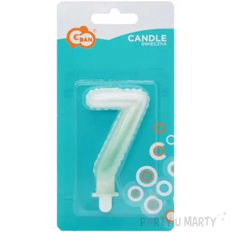 swieczka na tort cyfra 7 wypustki ombre bialo zielona perlowa godan 7 cm
