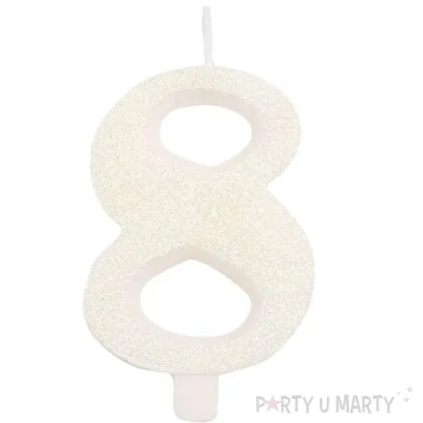 swieczka na tort cyfra 8 biala brokatowa givi 9 5 cm