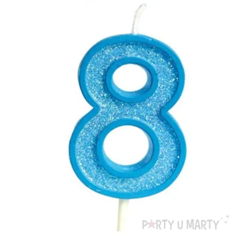 swieczka na tort cyfra 8 brokat niebieska guirca 4 cm