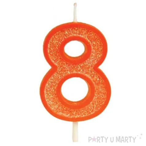 swieczka na tort cyfra 8 brokat pomaranczowa guirca 4 cm