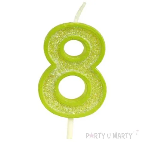 swieczka na tort cyfra 8 brokat zielona guirca 4 cm