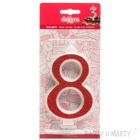 swieczka na tort cyfra 8 czerwona brokatowa dekora