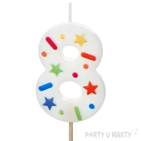 swieczka na tort cyfra 8 konfetti bialy partydeco 10 cm