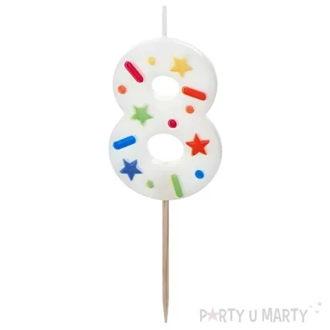 swieczka na tort cyfra 8 konfetti bialy partydeco 10 cm