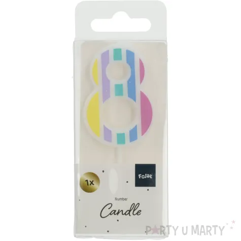swieczka na tort cyfra 8 pastelowe paski mix folat 5 cm