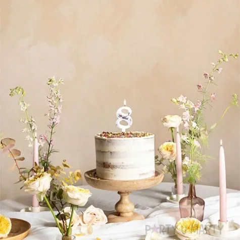 swieczka na tort cyfra 8 platki kwiatow bialy partydeco 8 cm