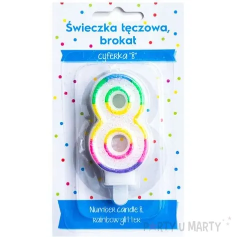 swieczka na tort cyfra 8 teczowa brokatowa kraszek 7 cm