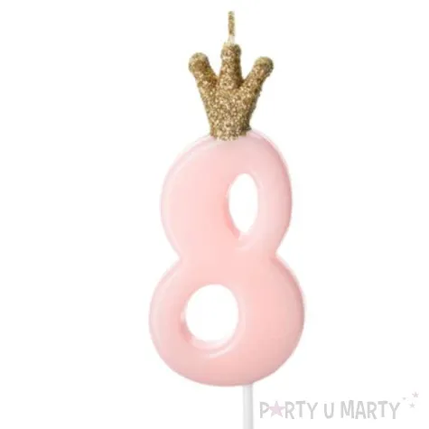 swieczka na tort cyfra 8 w koronie rozowa jasna partydeco 9 5 cm