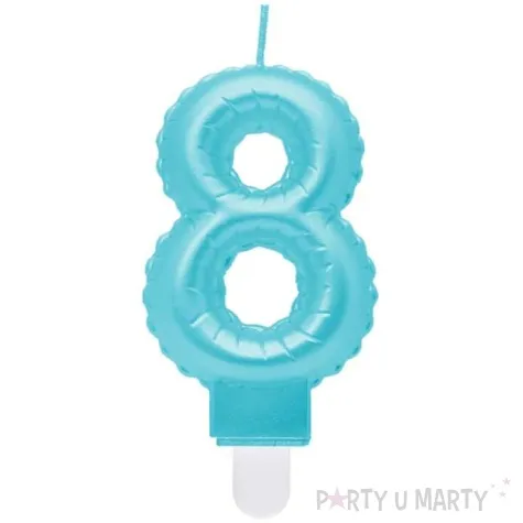 swieczka na tort cyfra 8 wypustki niebieska jasna perlowa godan 7 cm