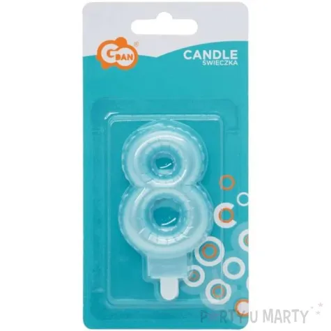 swieczka na tort cyfra 8 wypustki niebieska jasna perlowa godan 7 cm