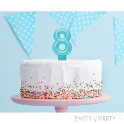 swieczka na tort cyfra 8 wypustki niebieska jasna perlowa godan 7 cm
