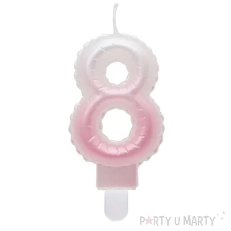 swieczka na tort cyfra 8 wypustki ombre bialo rozowa perlowa godan 7 cm