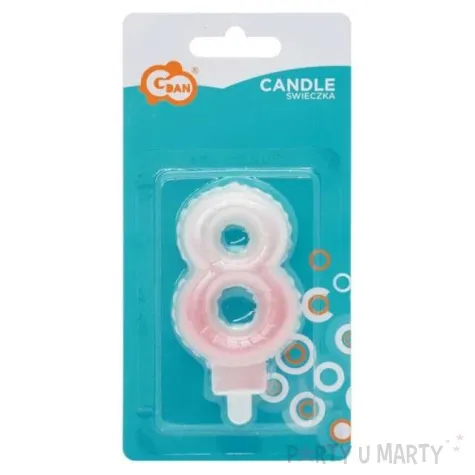 swieczka na tort cyfra 8 wypustki ombre bialo rozowa perlowa godan 7 cm