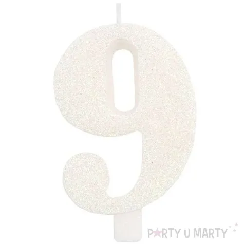 swieczka na tort cyfra 9 biala brokatowa givi 9 5 cm