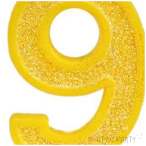 swieczka na tort cyfra 9 brokat zolta guirca 4 cm